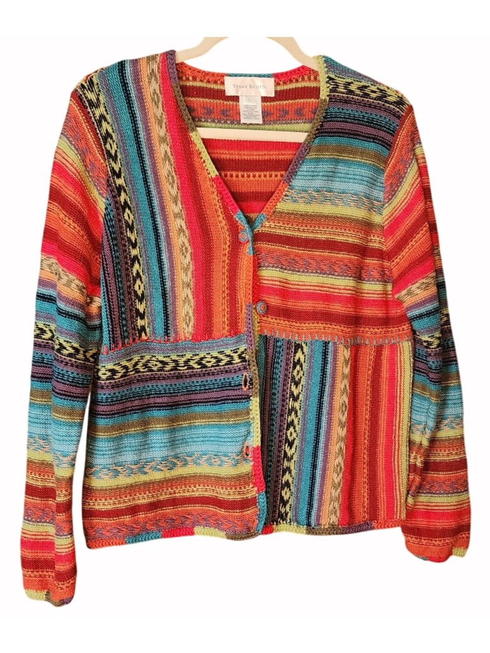 Susan Bristol Cardigan L 2001 Linen Cotton Patchwork Boho Y2K Art To Wear